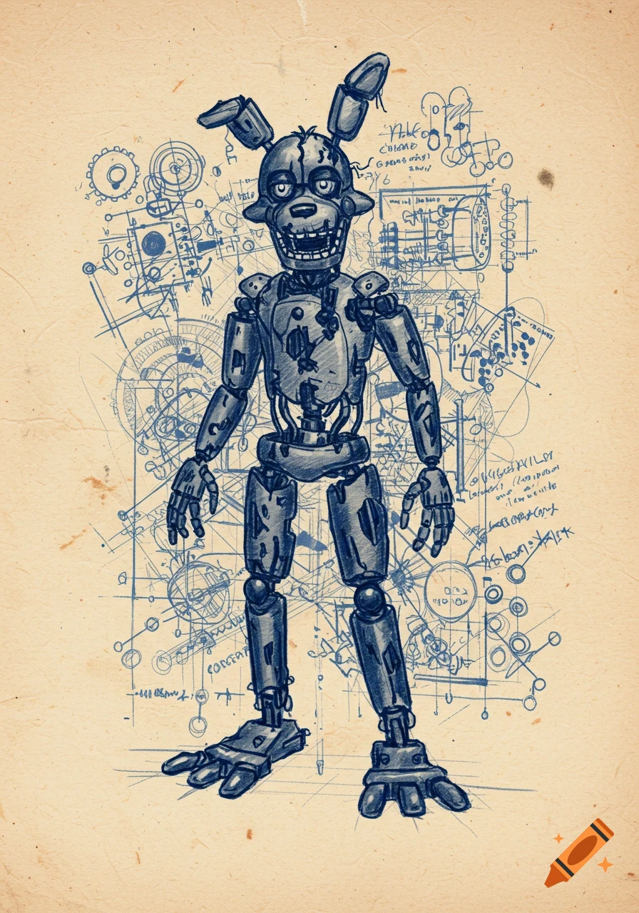 Detailed blueprint sketch of a broken animatronic rabbit-like robot, covered in technical scribbles, on aged paper.