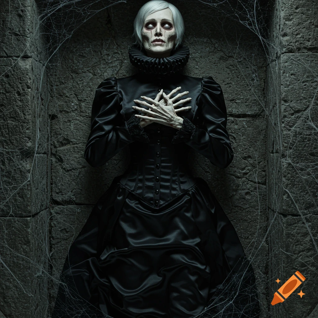 A skeletal woman with white hair in a black Victorian dress and ruffled collar lies in a cobweb-covered stone crypt.