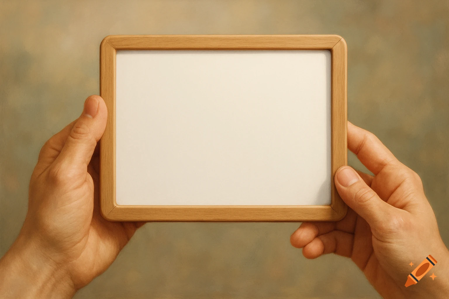 Two hands hold a blank mini whiteboard against a textured, light brown background.