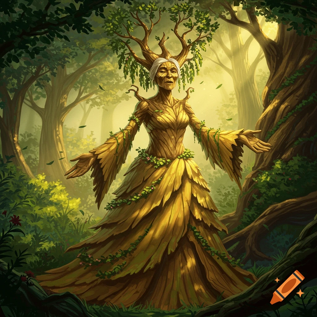 A wise old tree spirit with a leafy crown and bark dress stands in a sunlit forest, in an illustrative fantasy style.