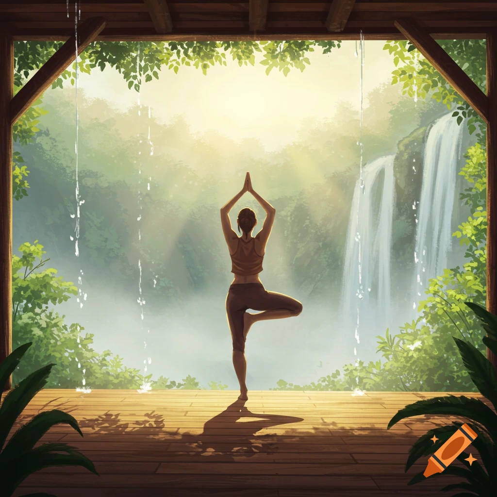 Woman in yoga tree pose on a wooden deck, overlooking a misty waterfall and lush green forest, with light filtering through.