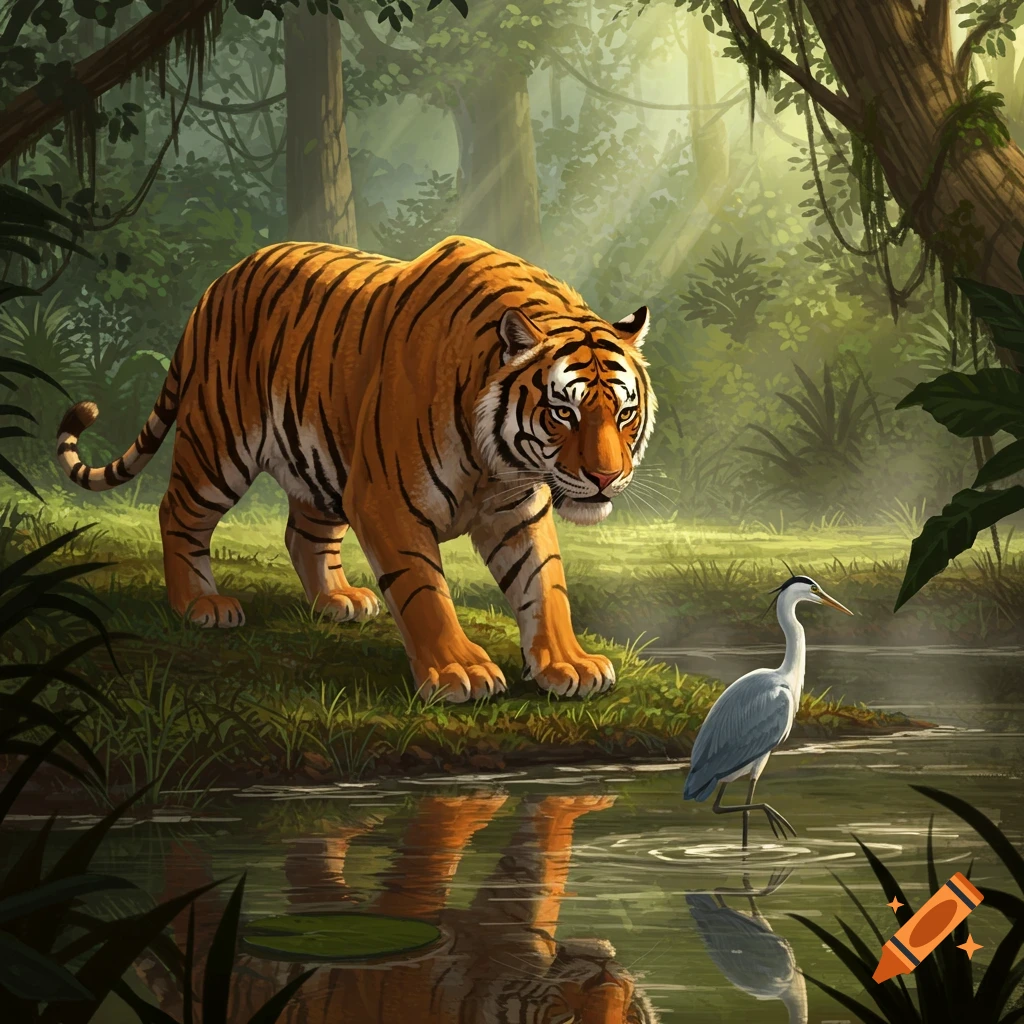 A large, striped tiger stalks a grey heron at the edge of a lush jungle pond, with sunlight filtering through the trees.