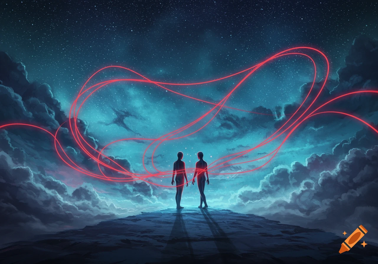 Two silhouetted figures stand on a peak, looking up at a starry night sky with swirling red glowing lines.