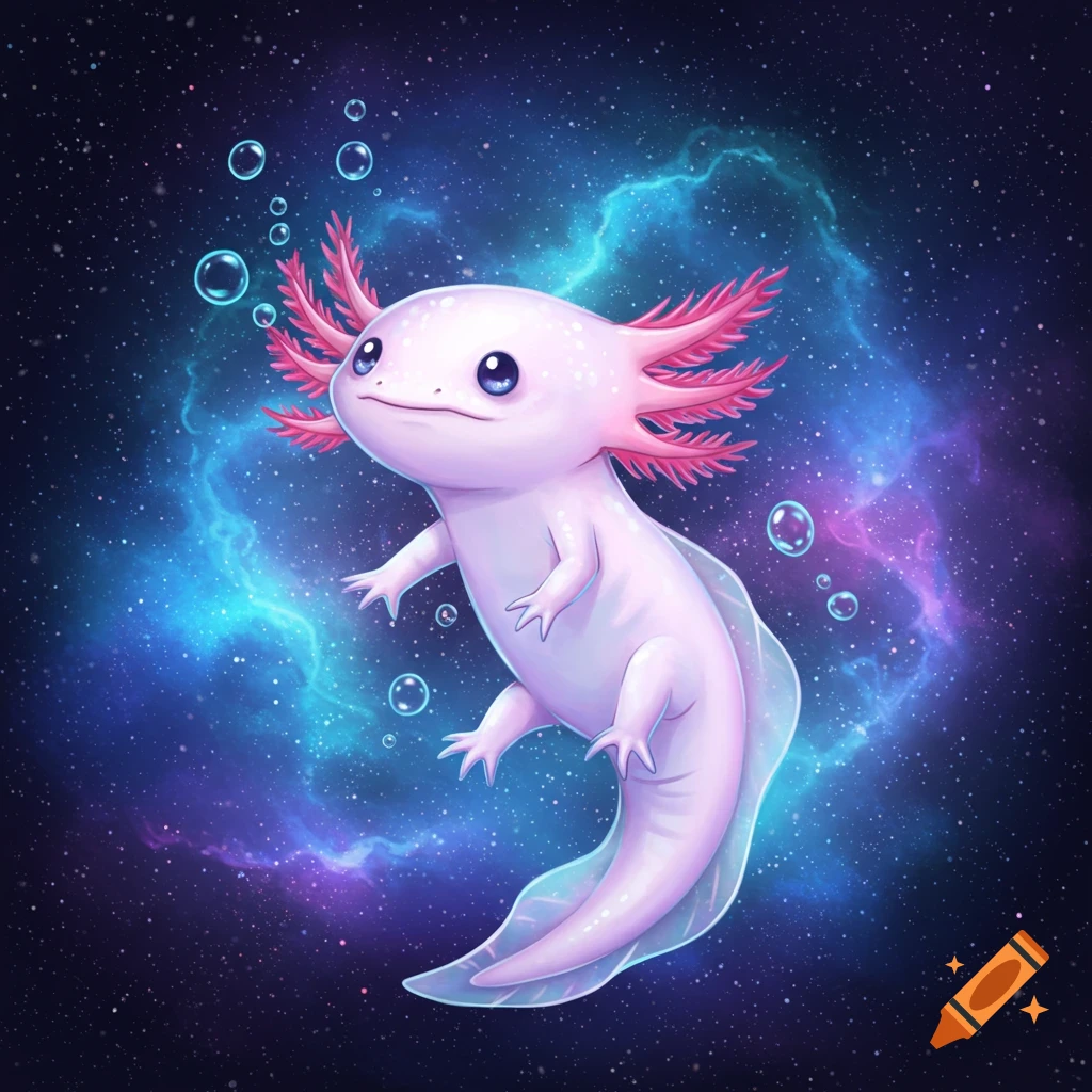 A cute pink axolotl with feathery gills floats in a vibrant blue and purple galaxy, surrounded by bubbles.