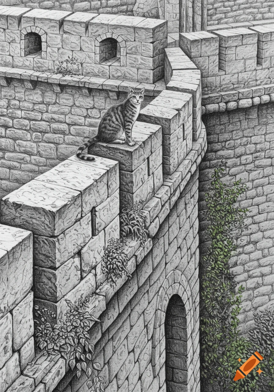 A tabby cat sits on a stone wall of a medieval fort in a detailed pencil drawing.