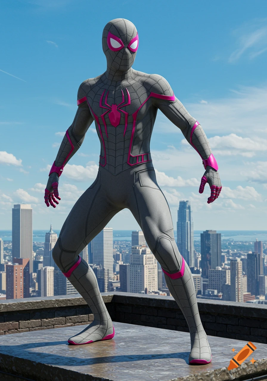 Spider-Man in a gray suit with hot pink accents and a stretched spider logo stands on a rooftop overlooking a city.