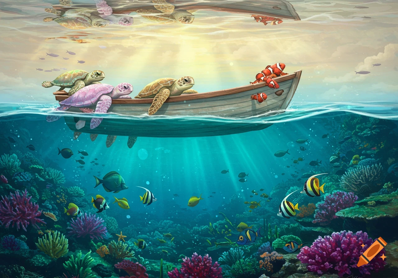 Illustrated ocean scene: turtles and clownfish on a boat, colorful coral and fish in clear blue water below.