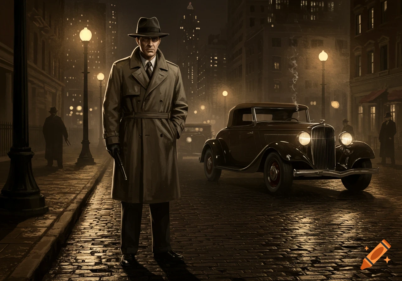 A detective in a trench coat and fedora stands on a dark, wet city street at night, holding a pistol, with vintage cars and glowing streetlights.