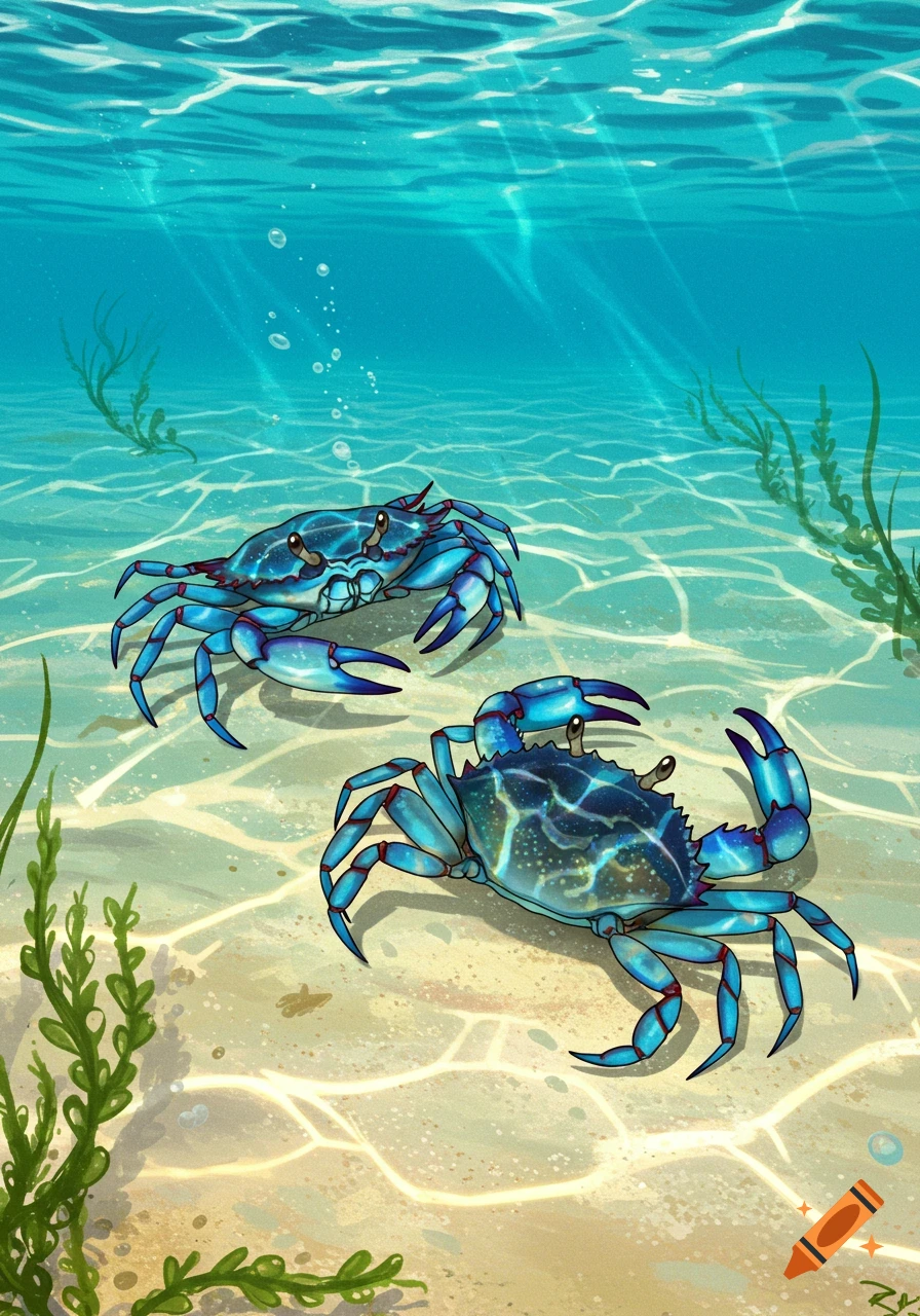 Two blue crabs on a sandy ocean floor with sun rays and seaweed, in an illustrative style.