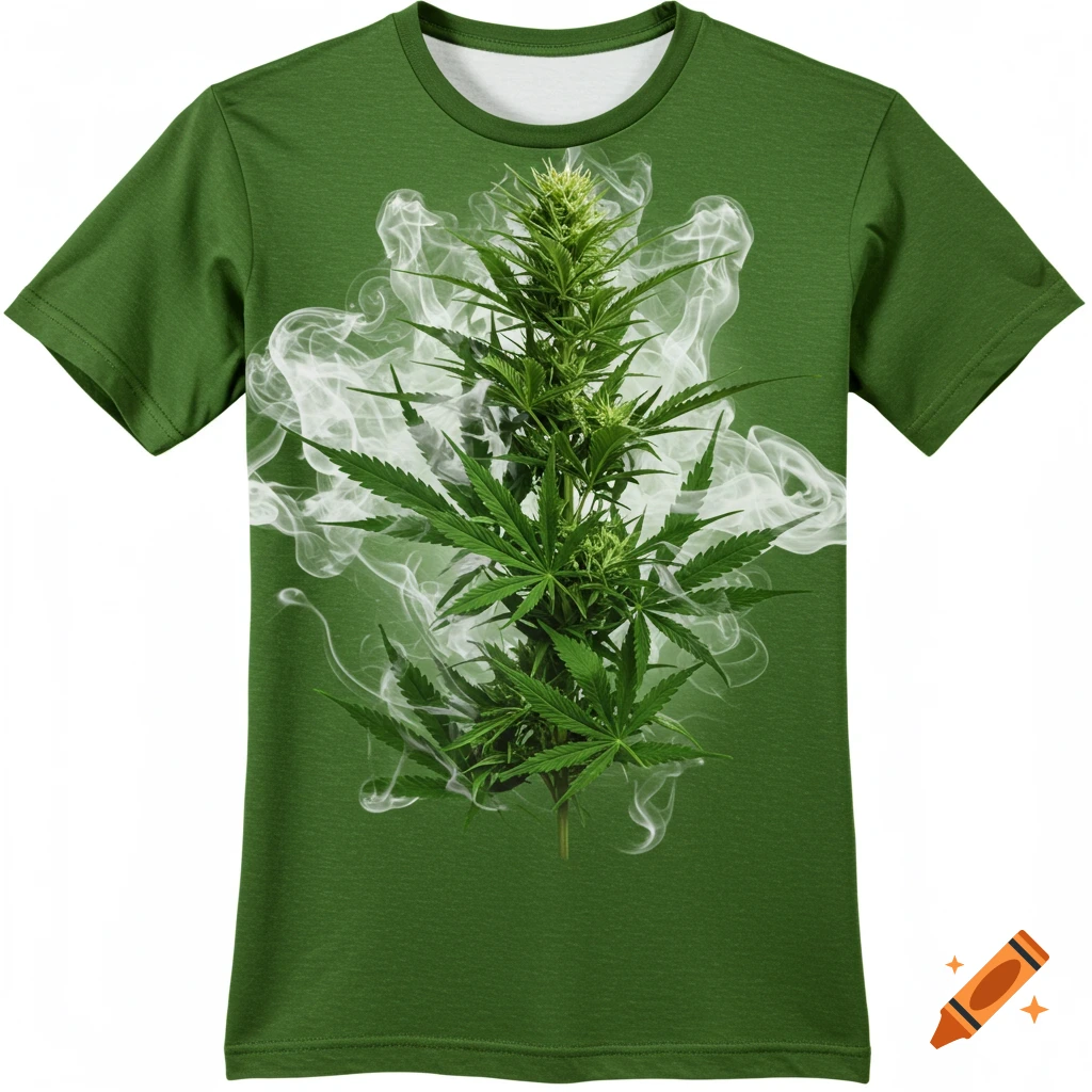 Photorealistic green t-shirt featuring a cannabis plant surrounded by white smoke.