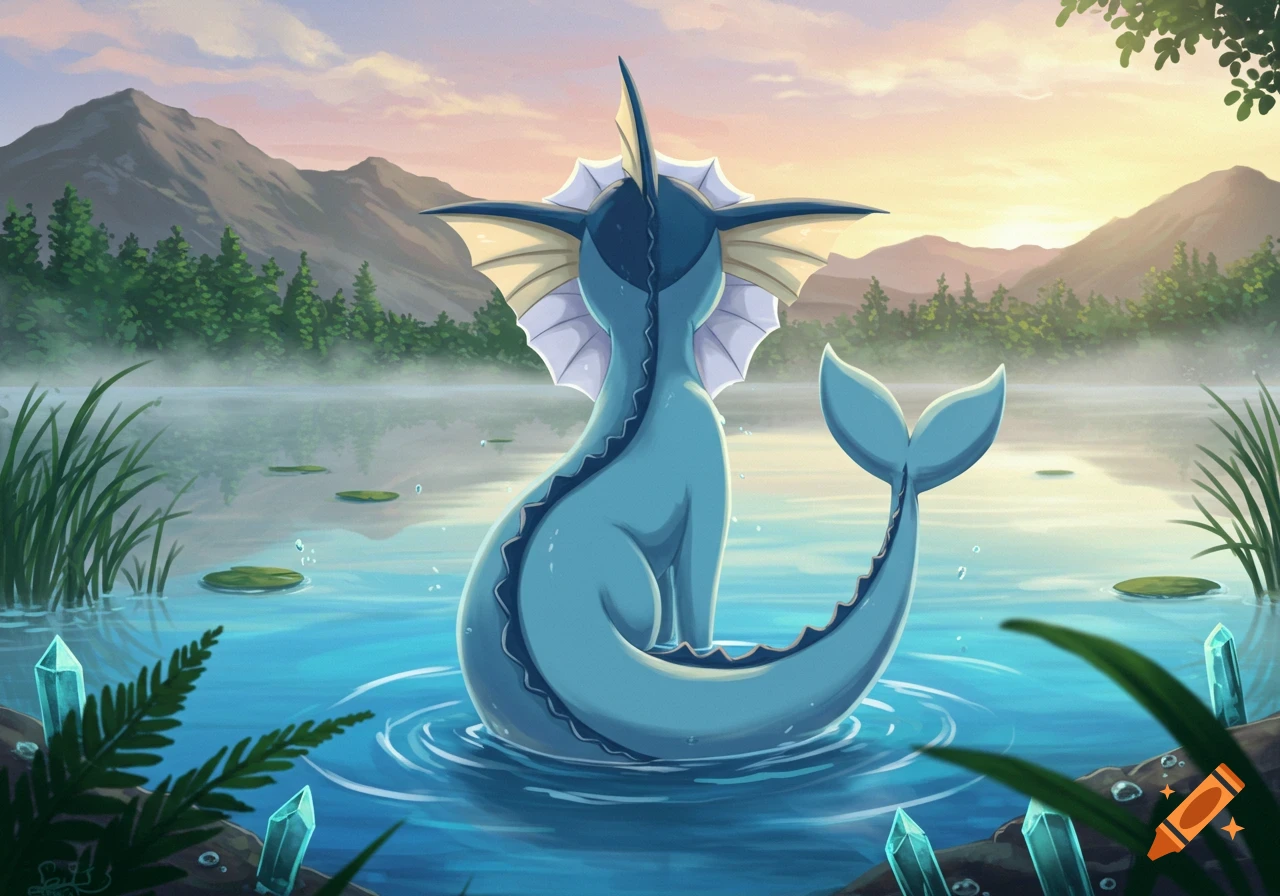 A Vaporeon sits in a misty lake, viewed from behind, facing distant mountains under a sunrise or sunset sky. Anime art style.