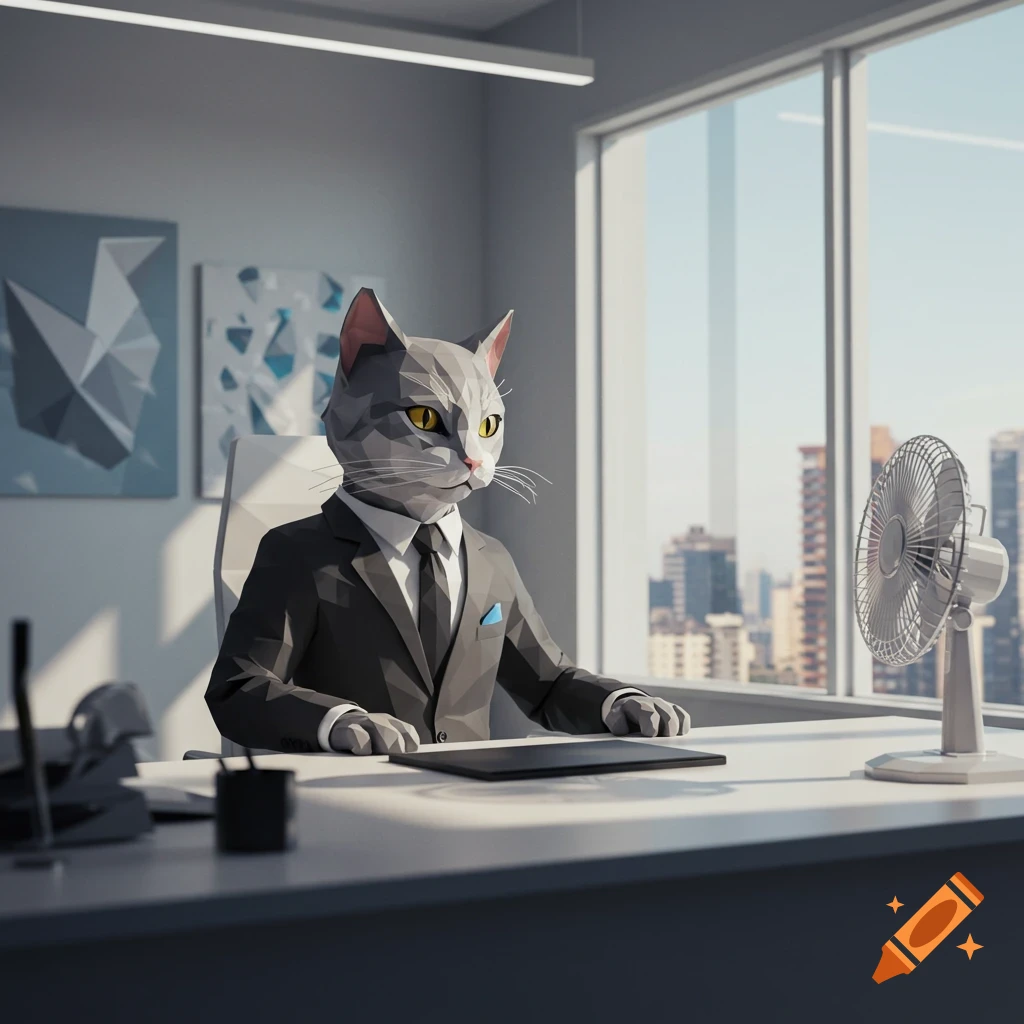 Lowpoly gray cat in a business suit sitting at a desk in a modern office with a city view, a fan on the desk.