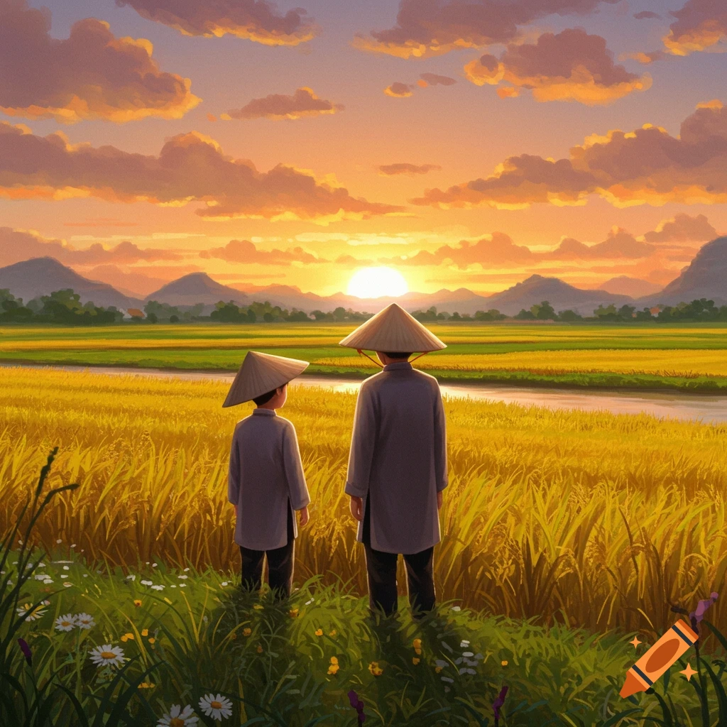 Two people in conical hats stand in a golden rice field, watching the sunset over mountains. Digital painting.
