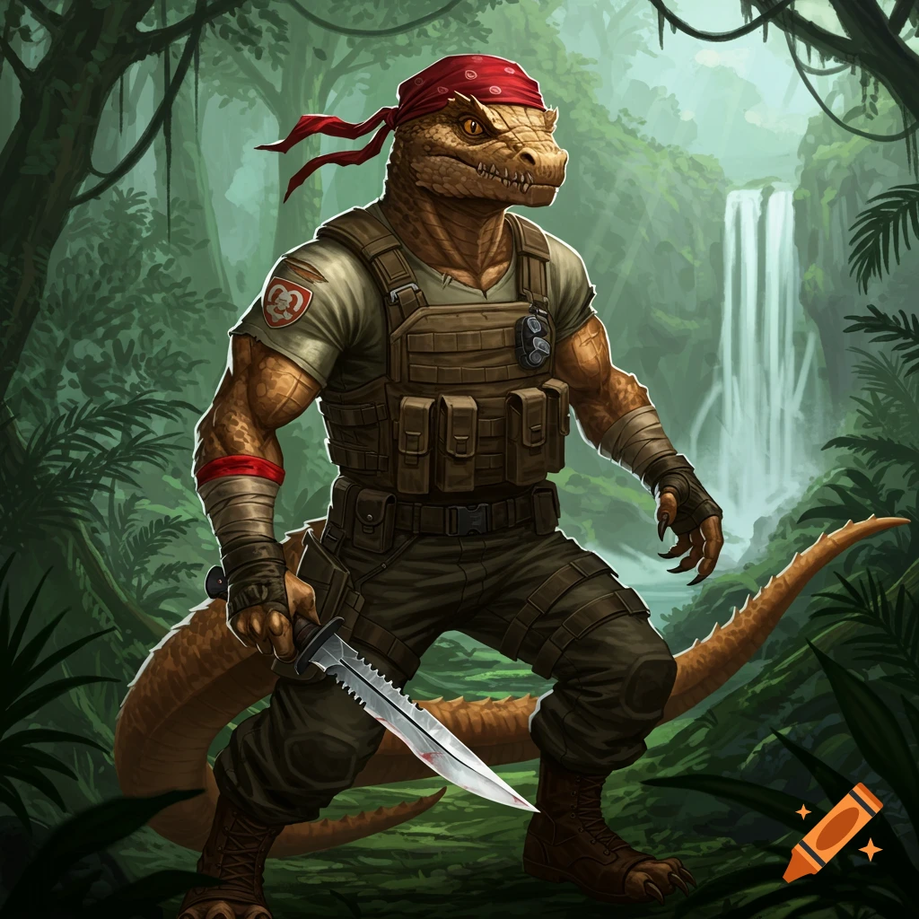 A detailed illustration of a lizard man in a red bandana and military gear, holding a dagger, standing in a lush jungle with a waterfall.