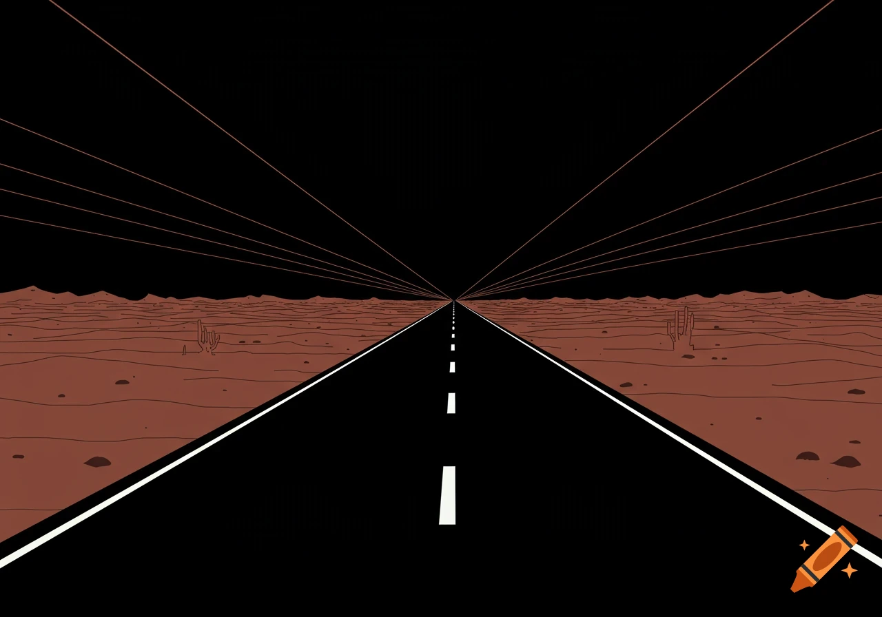 Minimalist line art of a highway cutting through a dark desert landscape under a black sky, with power lines converging in the distance.