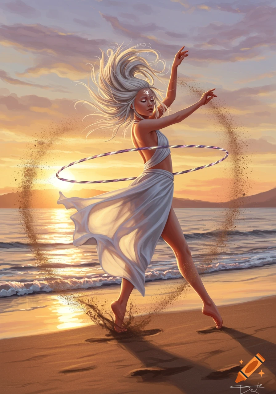 A woman with white hair dances with a hula hoop on a beach at sunset, sand swirling around her in a digital painting.