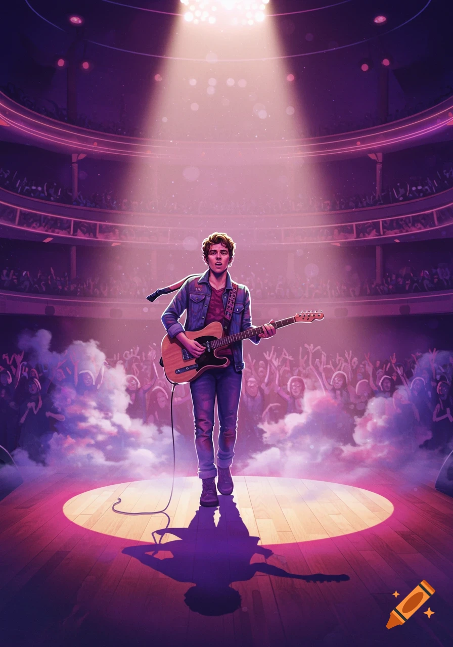 A male musician with an electric guitar stands on a brightly lit stage, performing for a large crowd in a concert hall, stylized illustration.