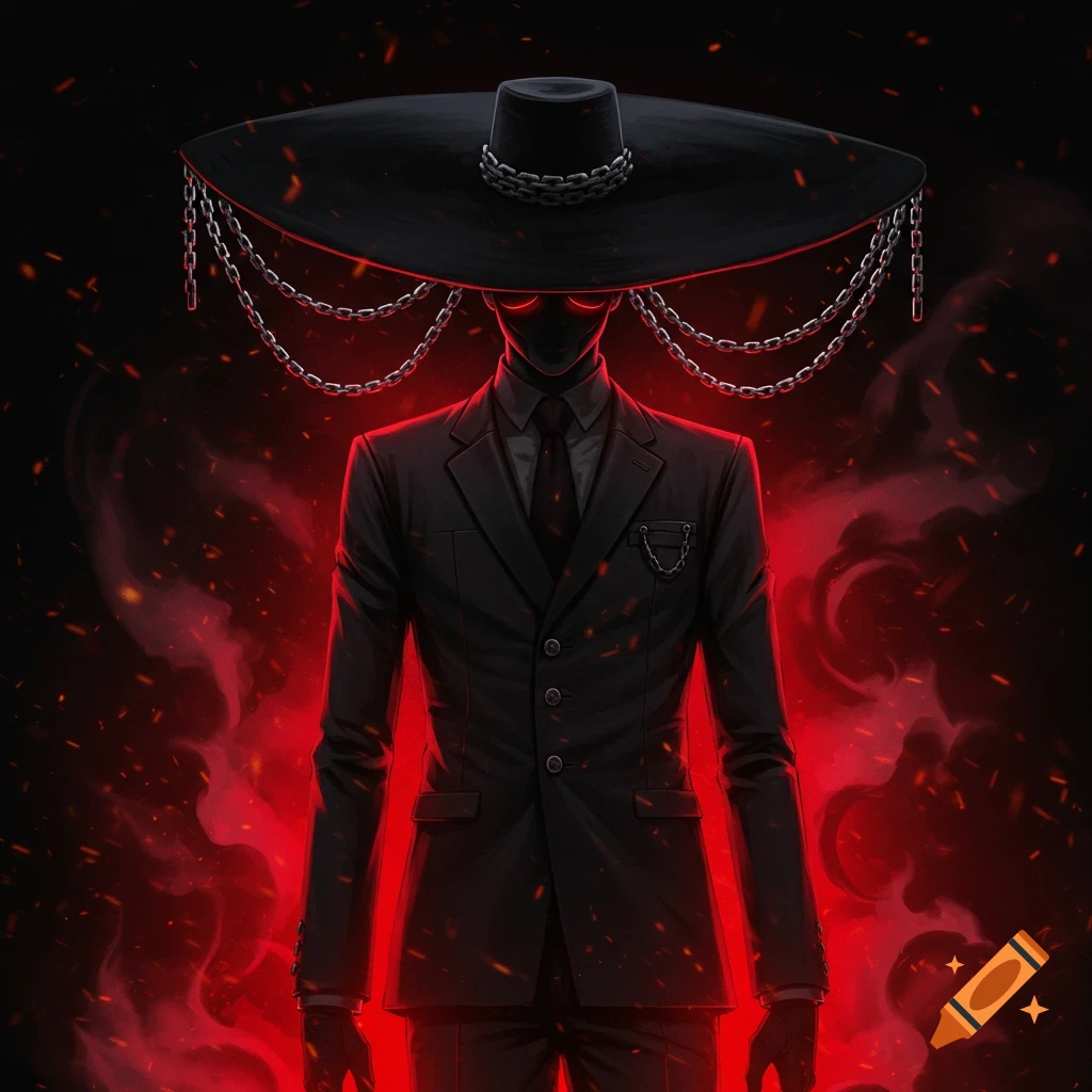 Anime character in a black suit and large hat with chains, glowing red eyes, surrounded by a red aura and smoke.
