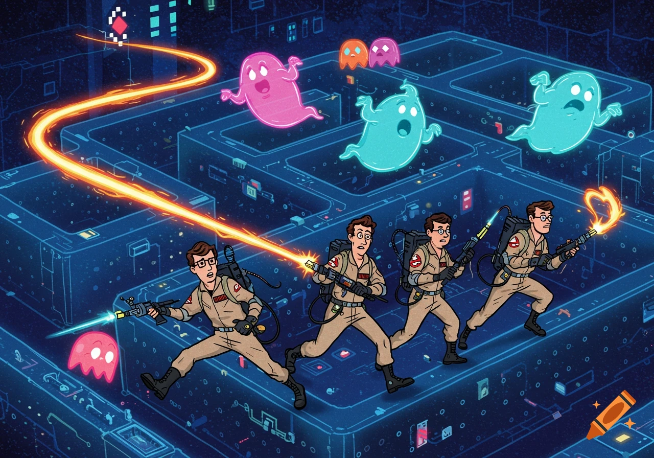 Cartoon Ghostbusters chase colorful Pac-Man ghosts through a neon-lit video game maze, firing proton streams.