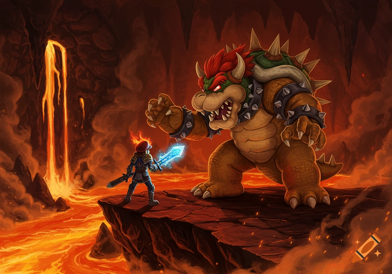 A knight resembling Mario wielding a glowing sword faces a massive Bowser in a lava-filled volcanic cave, an epic battle scene.