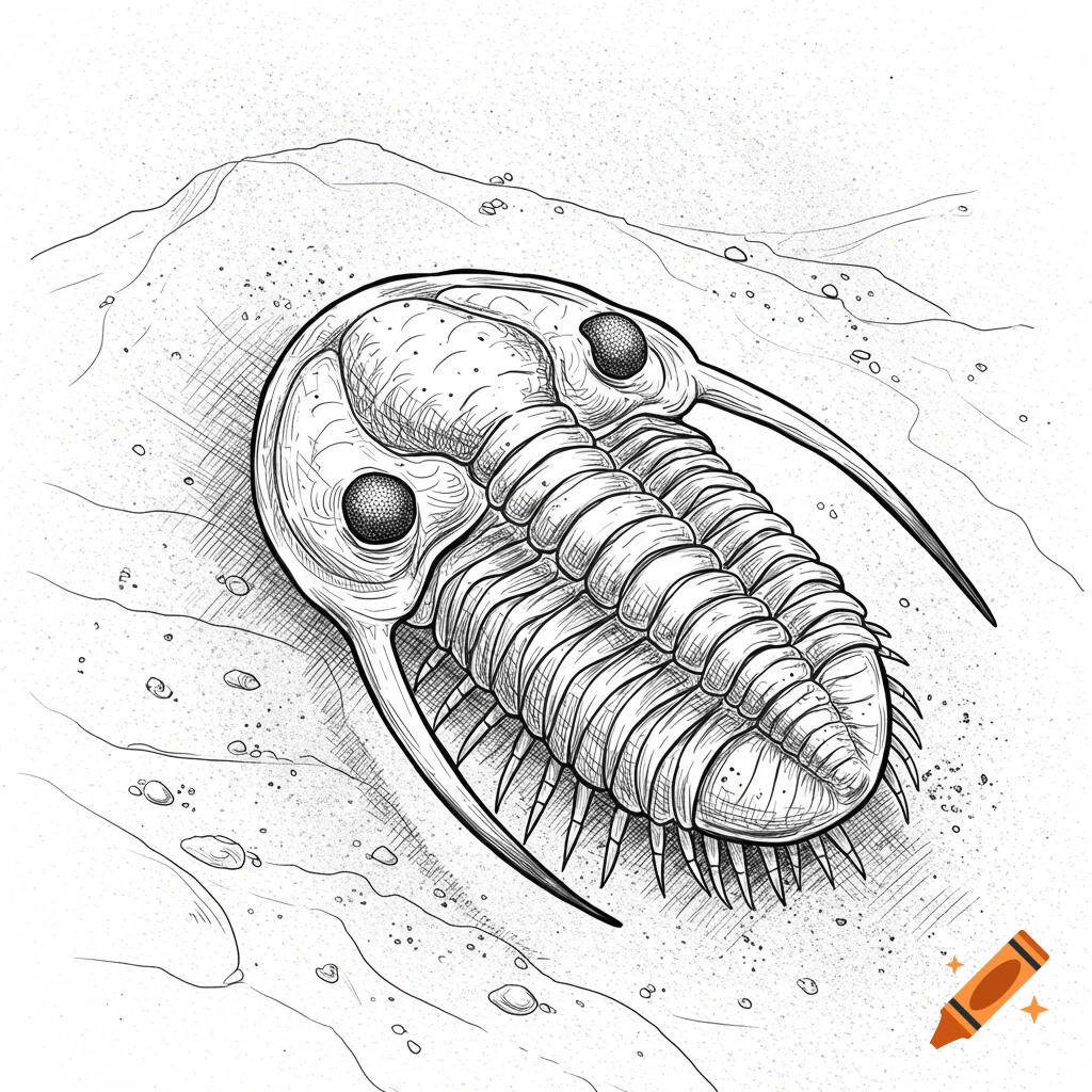 Detailed black and white line drawing of a trilobite fossil with prominent eyes on a textured surface.