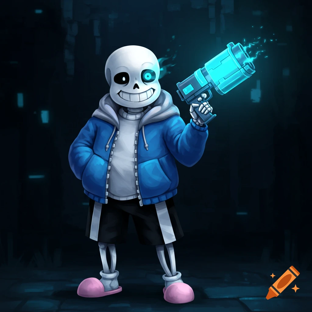 Stylized illustration of Sans from Undertale, a skeleton character, wearing a blue hoodie and holding a glowing blue blaster.