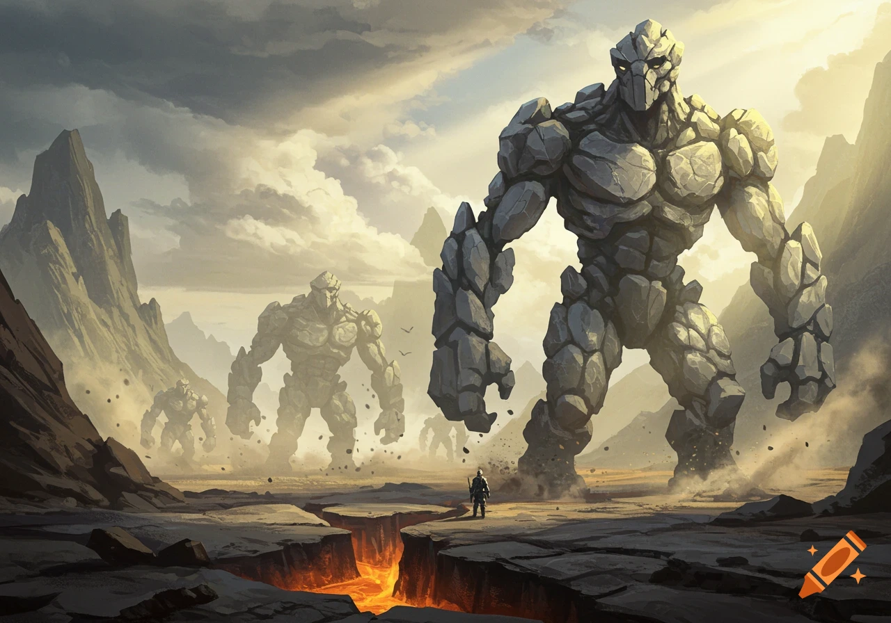 A small armored figure stands before immense rock golems in a volcanic, mountainous landscape under a cloudy sky.