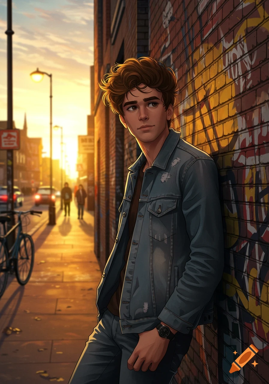 Anime-style young man with brown hair leaning against a graffiti-covered brick wall on a sunlit city street during golden hour.