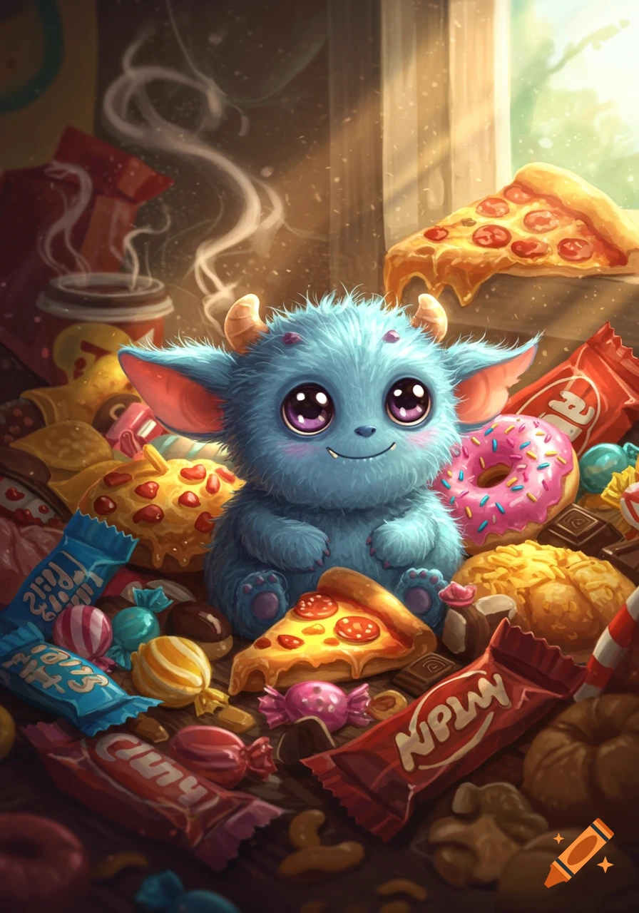 A fluffy, cute blue monster with big eyes and horns sits amidst a pile of various junk food like pizza slices, donuts, chocolates, and candies in a vibrant, illustrative style.
