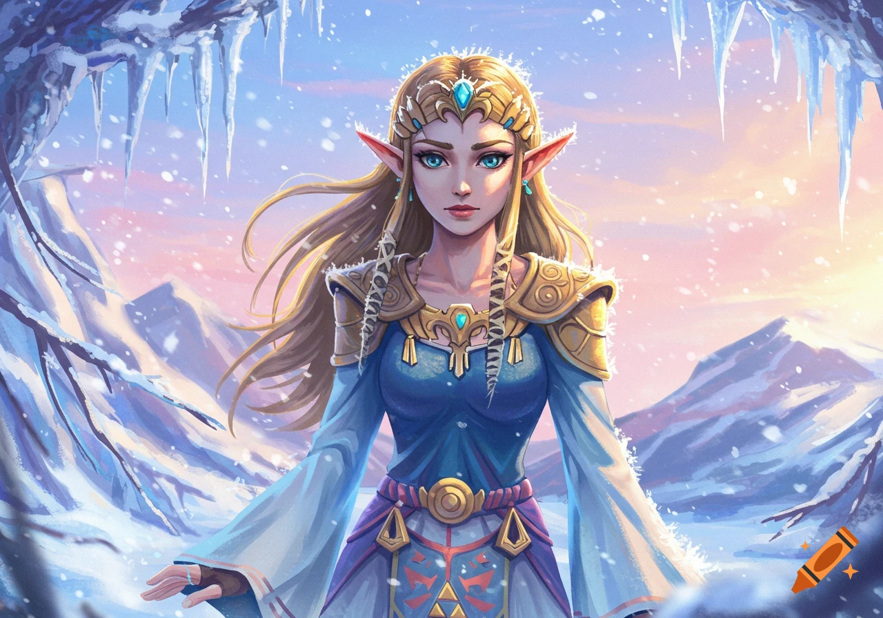 Princess Zelda in a frozen, snowy mountain landscape, rendered in a digital painting style.