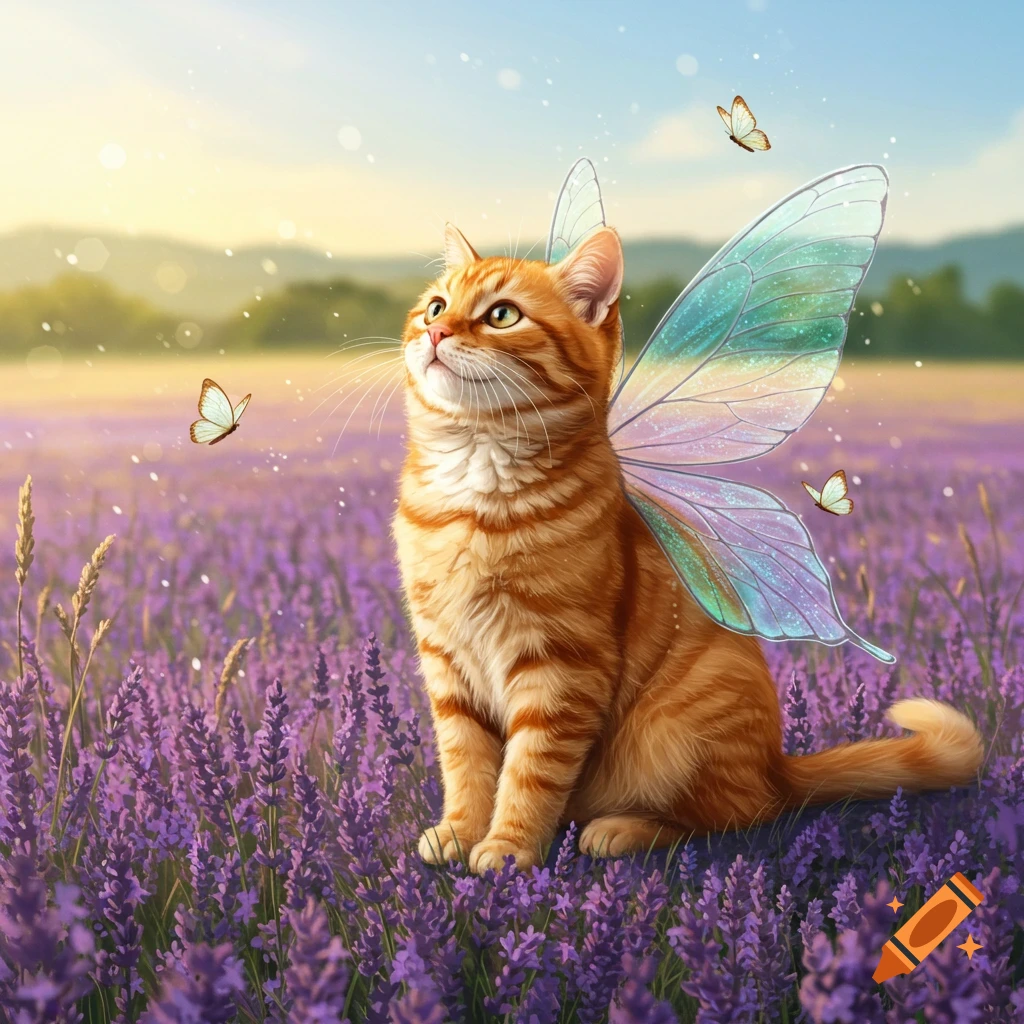 An orange tabby cat with iridescent butterfly wings sits in a purple lavender field, looking up at butterflies.