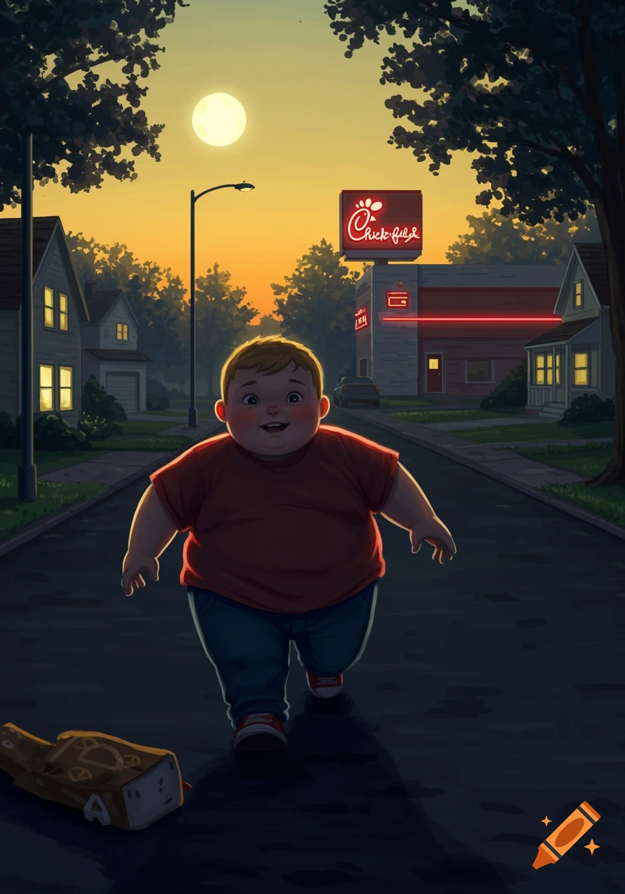 A happy chubby child in a red shirt and blue pants runs down a street at dusk, with houses and a lit Chick-fil-A sign in the background, in an illustrative style.