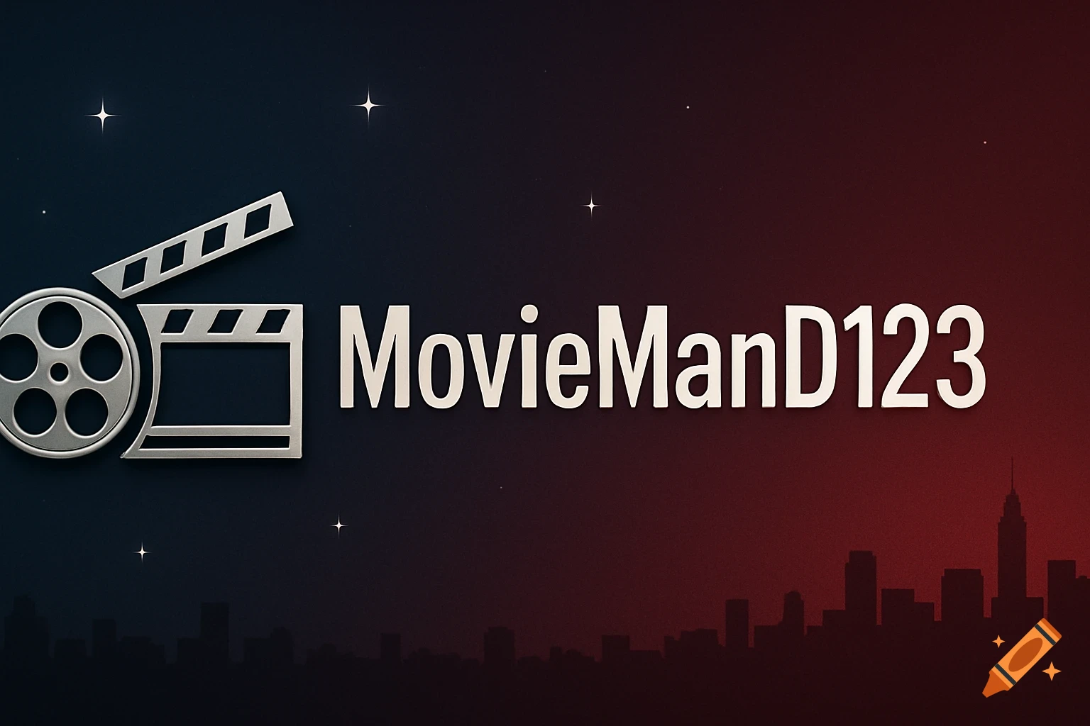MovieManD123 logo with film reel, clapperboard, starry red and blue sky, and city skyline silhouette.