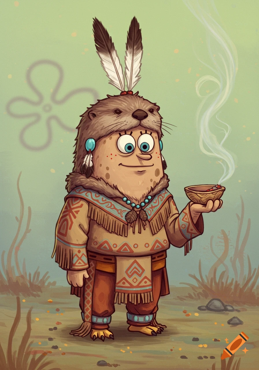 Cartoon SpongeBob-like character in Native American attire, otter turban with feathers, holding a smoking smudge bowl.