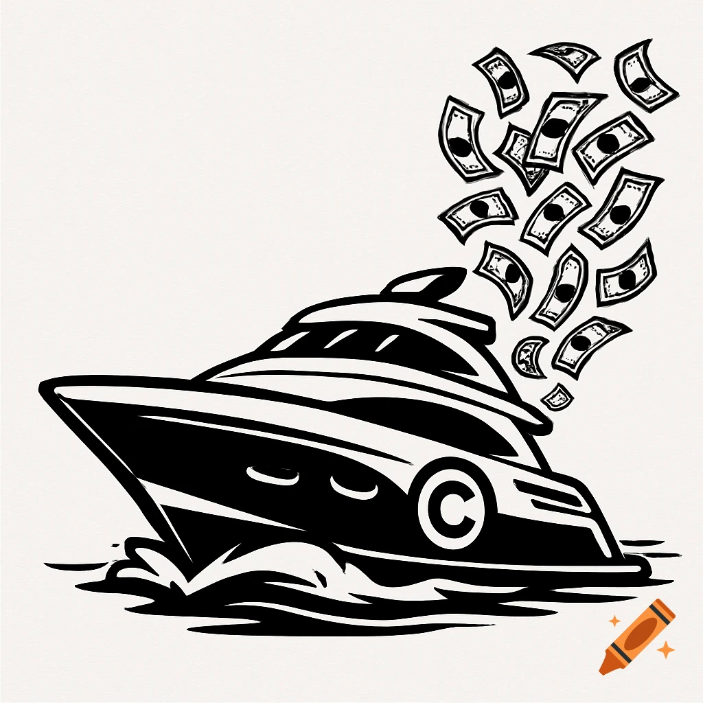 Black and white cartoon illustration of a yacht on water with cash flying out of its back.
