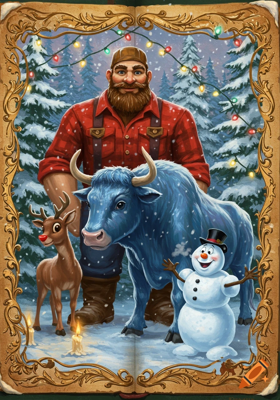 A cartoon lumberjack, blue ox, Rudolph, and Frosty the snowman stand in a snowy, festive forest, framed like an old Christmas book page.