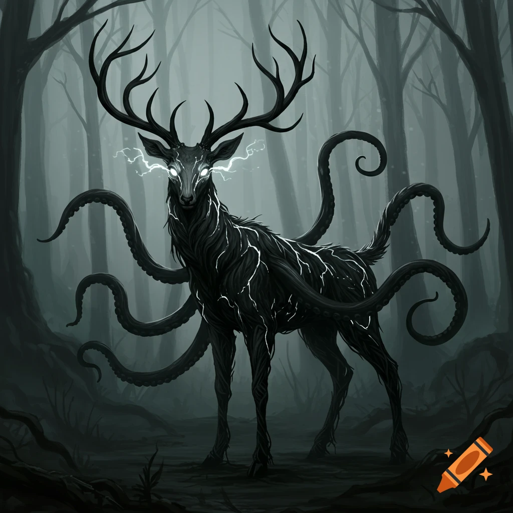 An eerie, dark fantasy illustration of a deer-like creature made of black roots with glowing white cracks, glowing eyes, and tentacles, standing in a foggy forest.