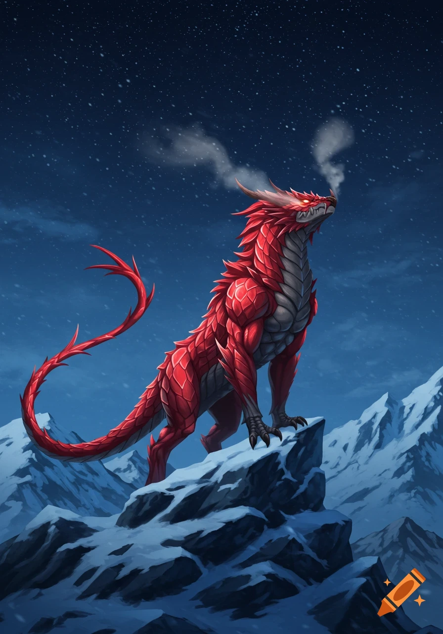 A vibrant red dragon with glowing eyes stands on a snowy peak, breathing smoke into a starry winter night.