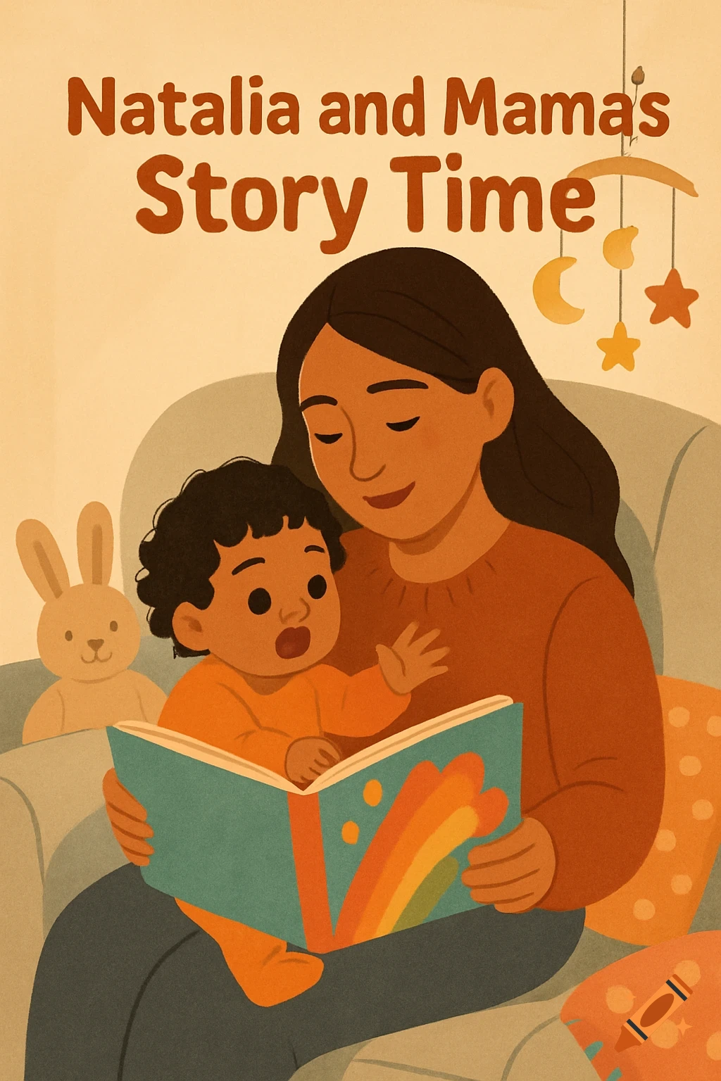 Flat illustration of a mother and child reading a book, with text 'Natalia and Mama's Story Time' above.