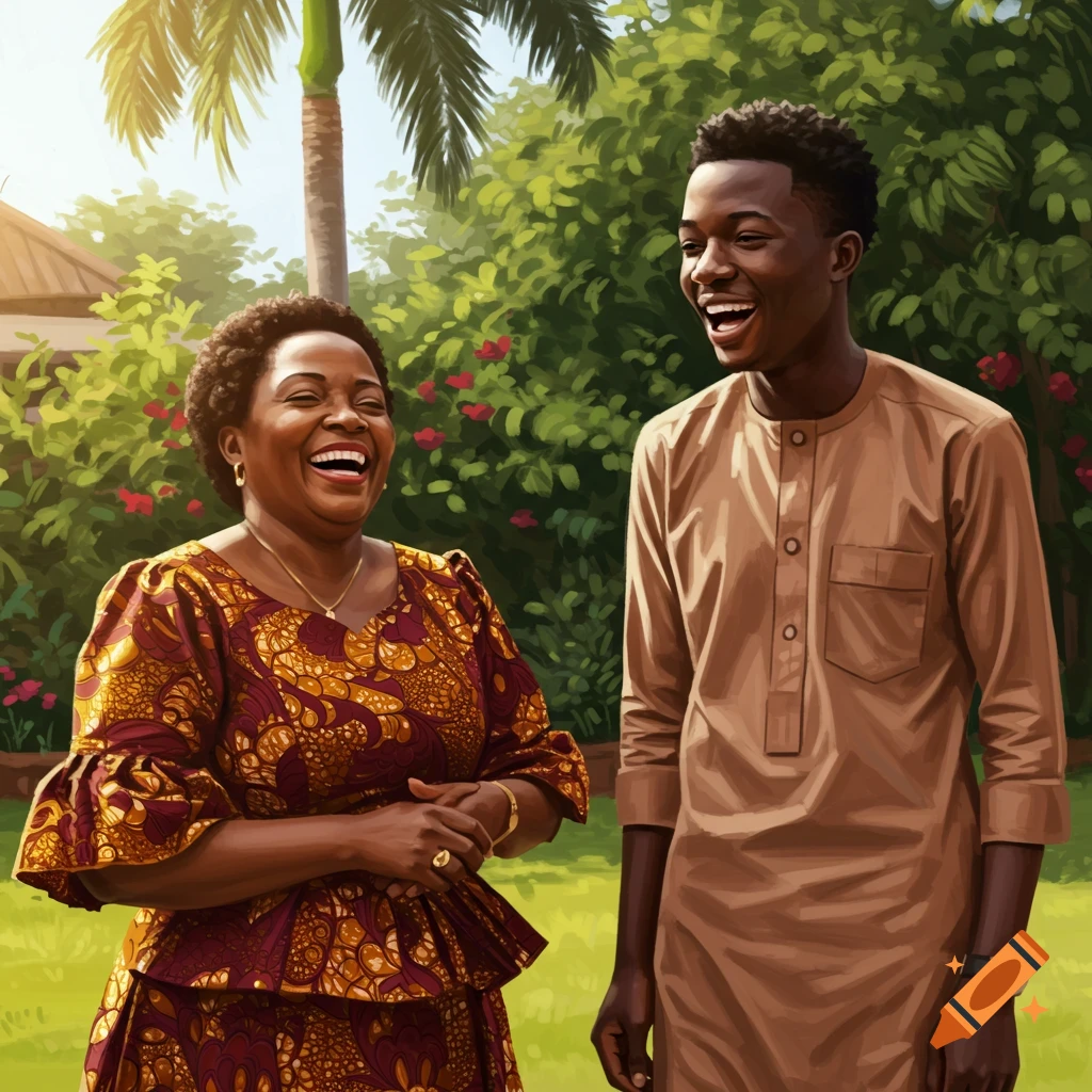 An African woman and a young African man laugh in a vibrant outdoor garden illustration.