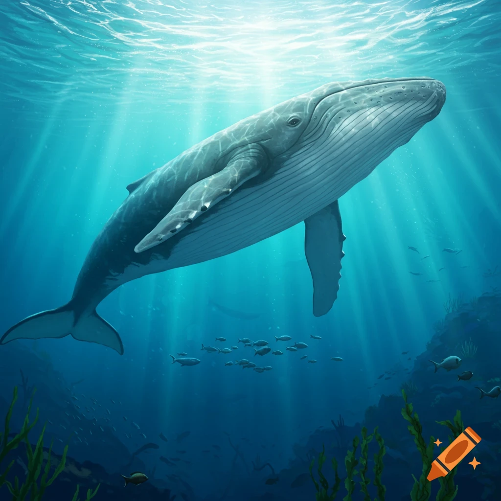 A majestic blue whale swims gracefully underwater, illuminated by sunlight filtering through the surface.
