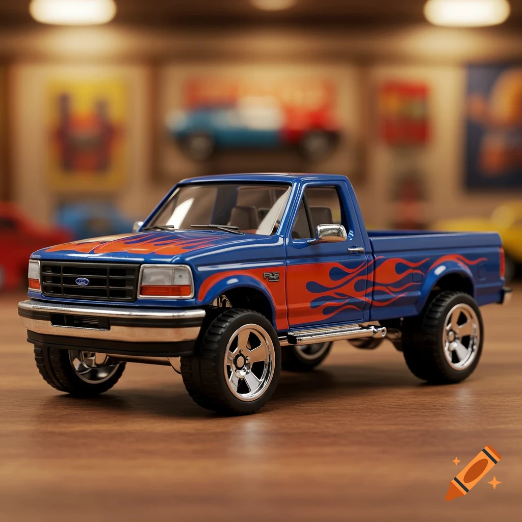 A detailed blue diecast toy 1998 Ford F-150 truck with orange flame decals, sitting on a wooden table.