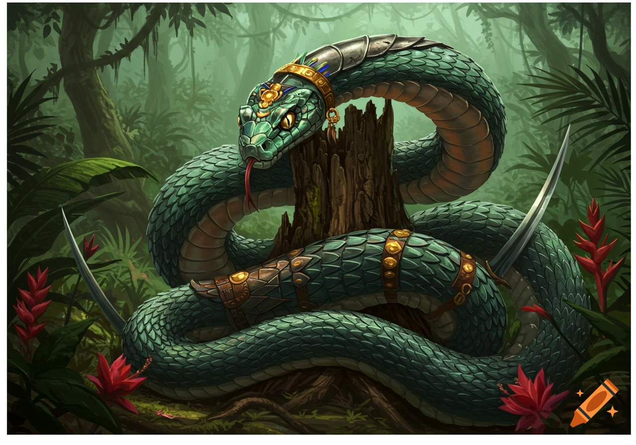 A green fantasy snake adorned with gold and silver armor coils around a tree stump in a dense jungle with red flowers.