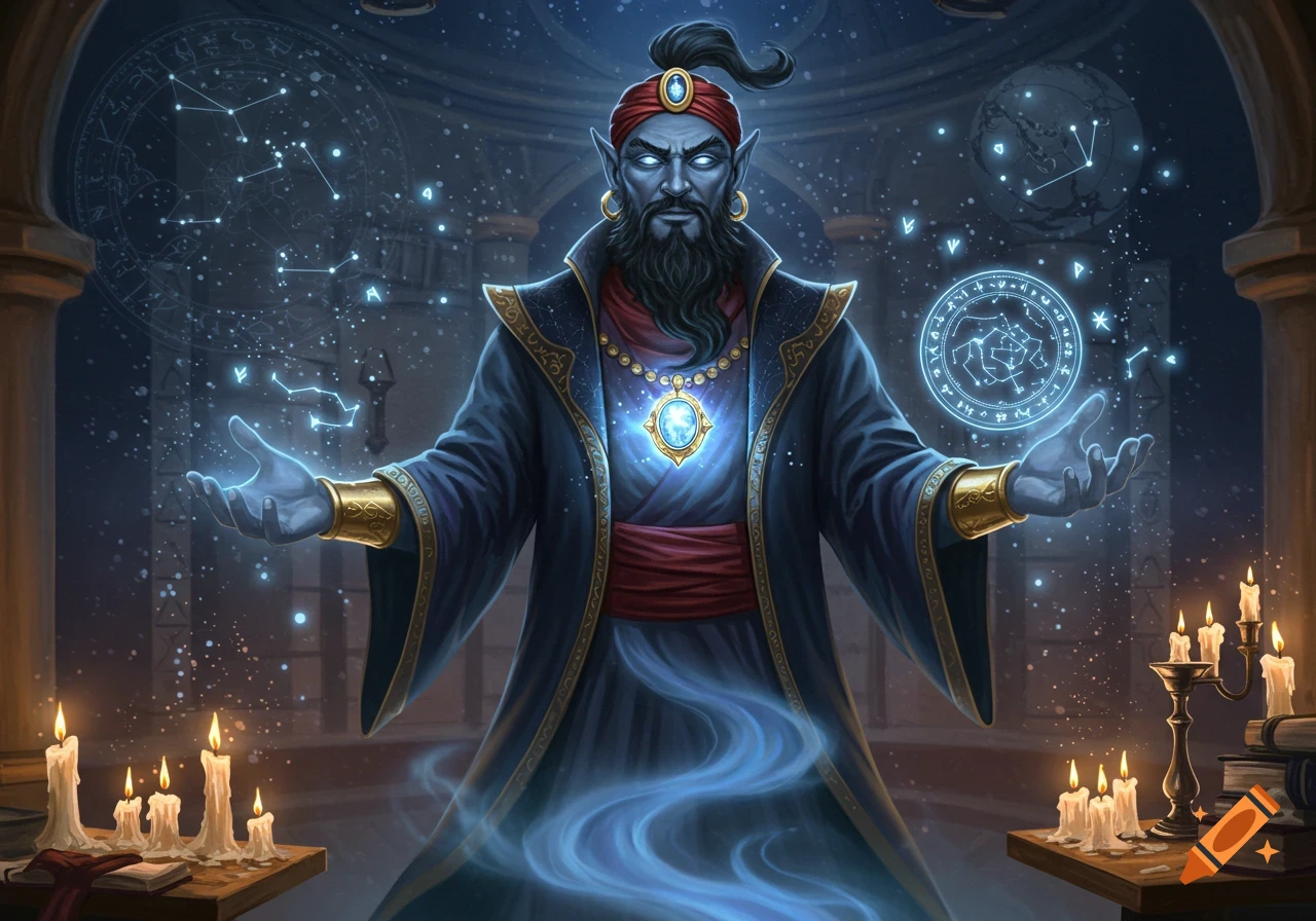 A mystical genie warlock with dark skin, a beard, red turban, and glowing locket, casting spells amidst constellations and candles.