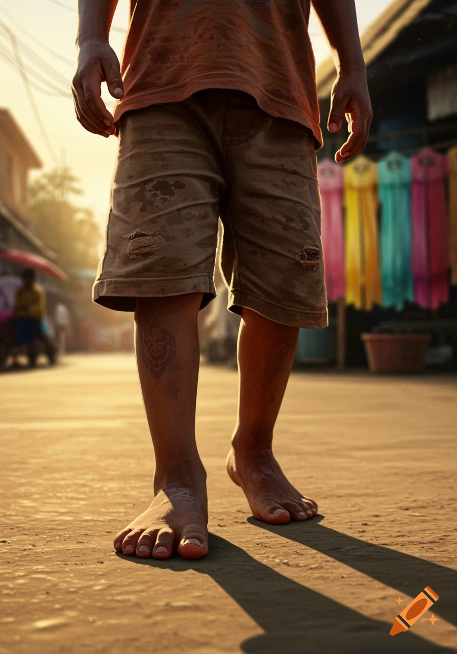 Low-angle, photorealistic shot of a boy's dirty bare feet and legs in shorts on a sunny street.