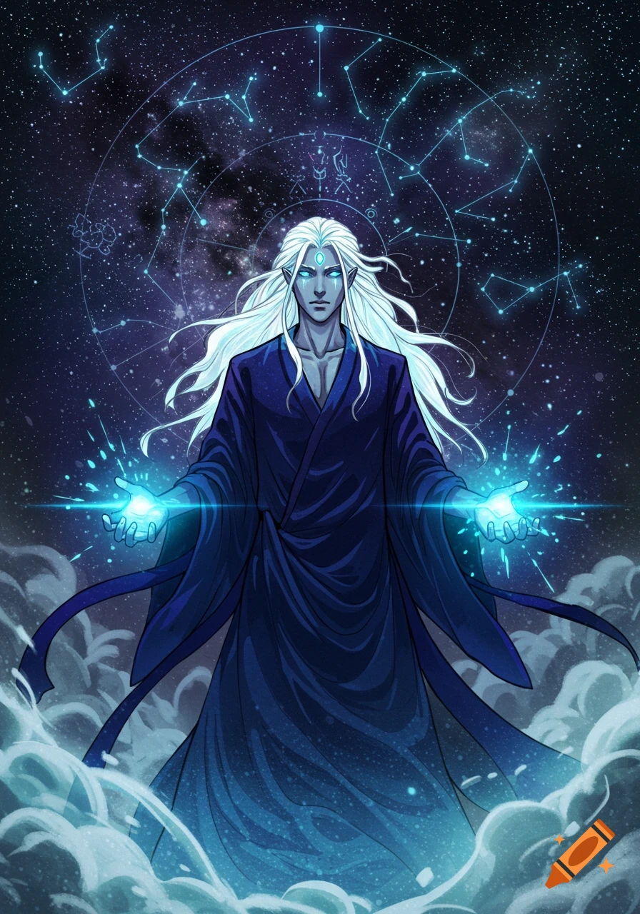 White-haired male elf with glowing blue eyes in a dark robe casts magic against a starry cosmic background with constellations. Fantasy art.