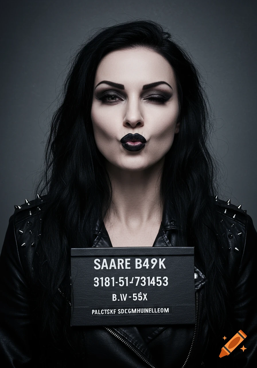 Goth woman in studded leather jacket winks and blows a kiss, holding a mugshot board. Photorealistic portrait.