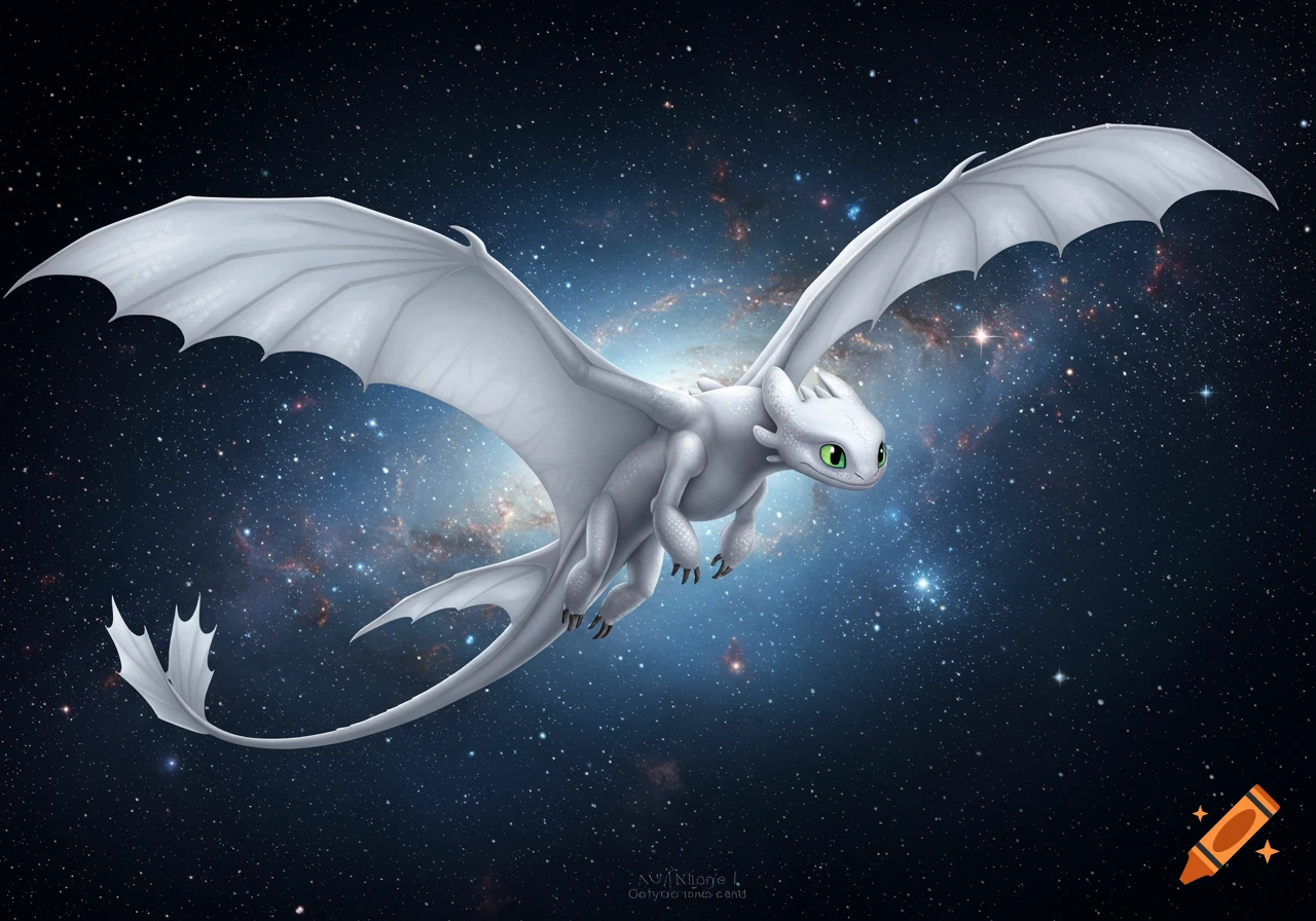 A white dragon, resembling a Light Fury, with green eyes flies with outstretched wings through a starry galaxy.