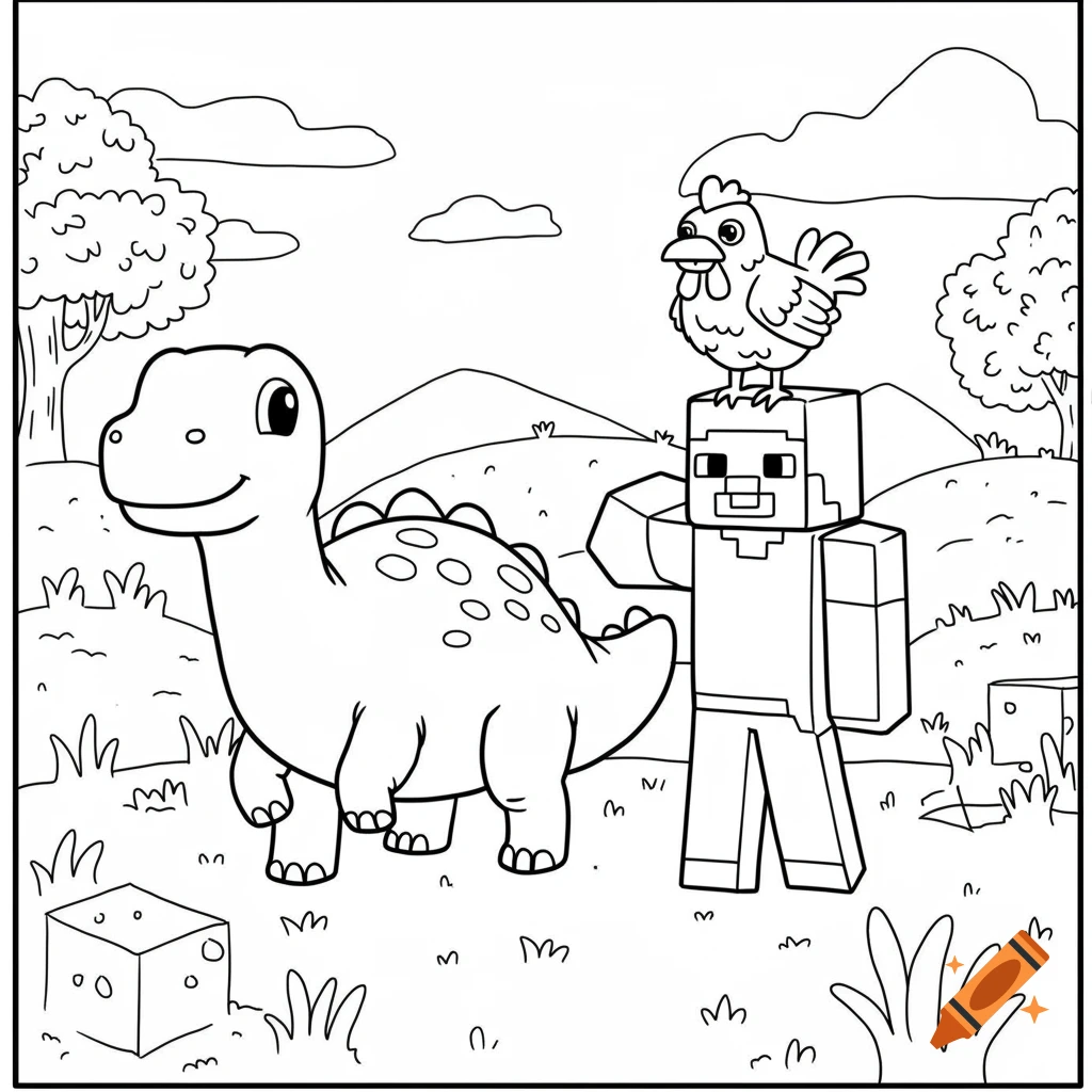A black and white coloring page showing a cute cartoon dinosaur next to Minecraft's Steve, who has a chicken on his head, in an outdoor landscape.