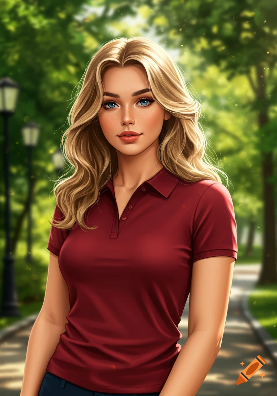 Digital illustration of an attractive young woman with blonde hair and blue eyes, wearing a red polo shirt, standing in a park.